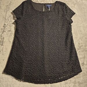 Kaari Blue Tunic Top Blouse Womens Medium Black Floral‎ Lace Career Workwear